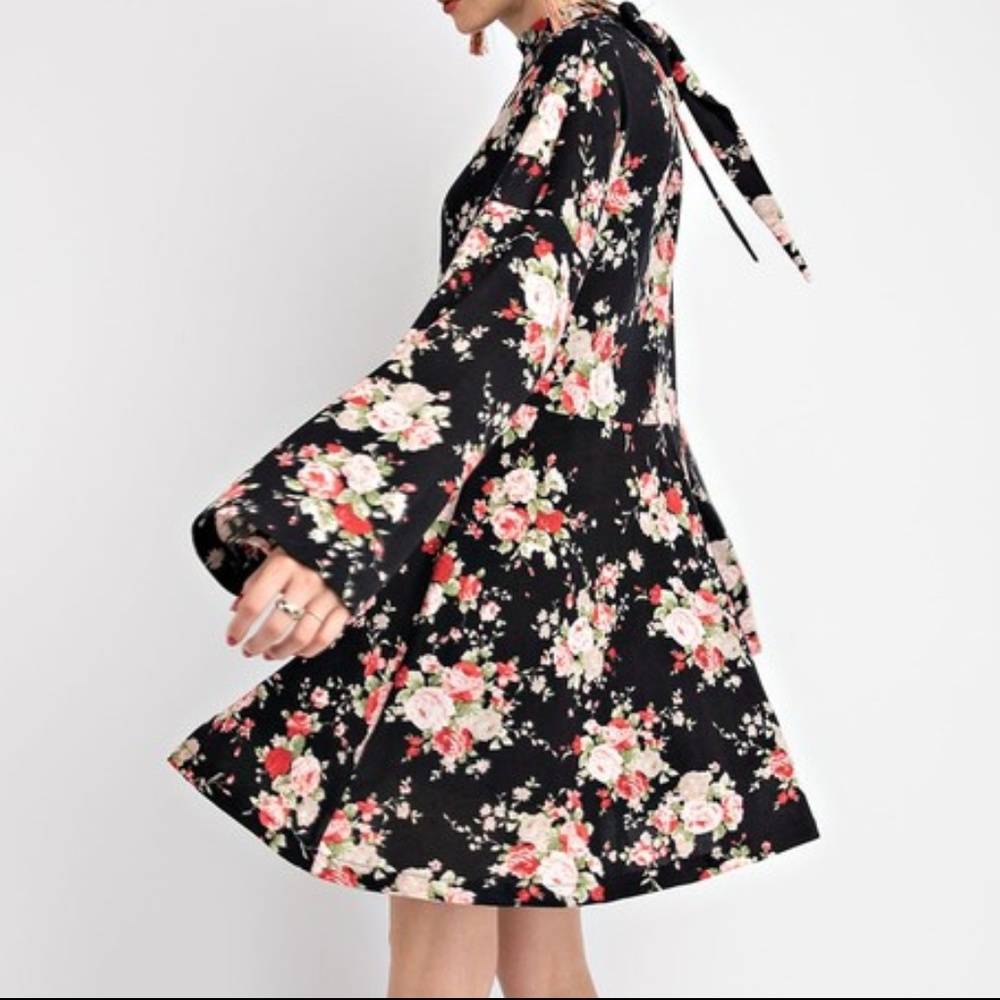 Easel Black Floral Print Mock Neck Soft Warm Dress - Picture 4 of 8